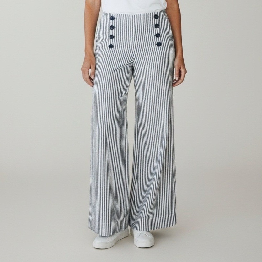 Larry Levine Womens Blue White Striped Sailor Wide Leg Cotton Pants Size 12 NEW